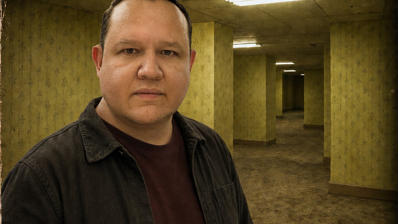 Daniel Pruneda frente a un pasillo de papel tapiz amarillo